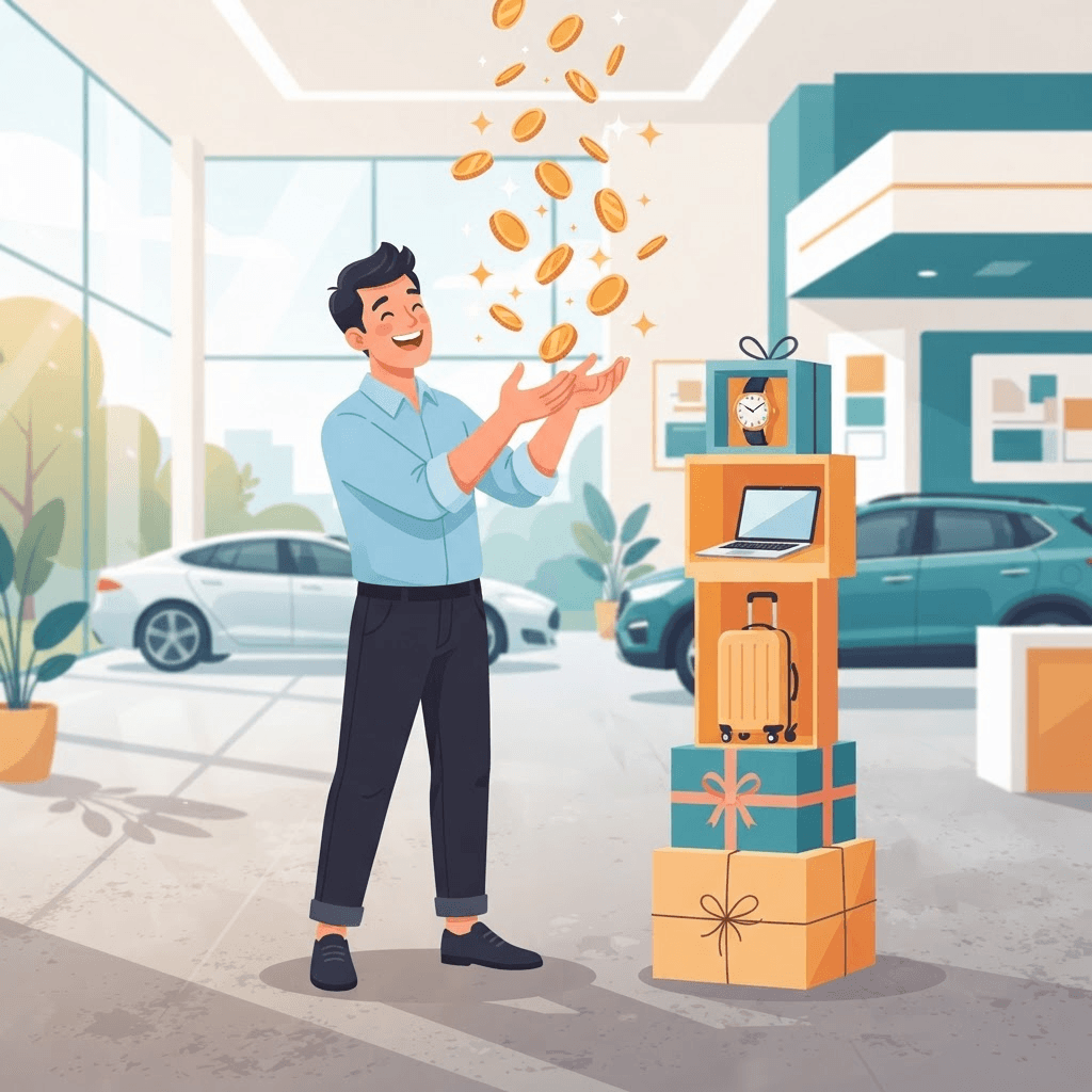 Illustration: Autohändler fängt Goldmünzen, daneben Prämien-Geschenke