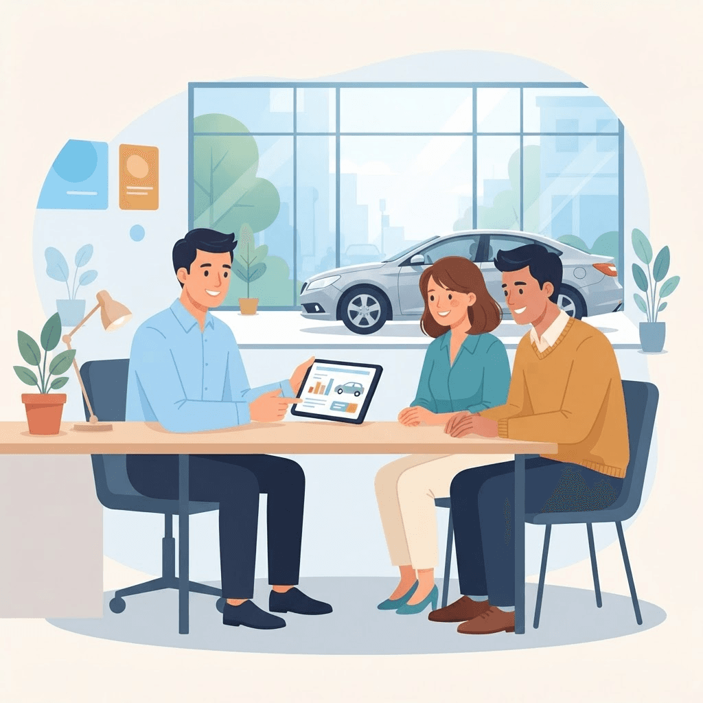 Illustration: Händler berät ein Paar im Autohaus am Tablet zur Finanzierung