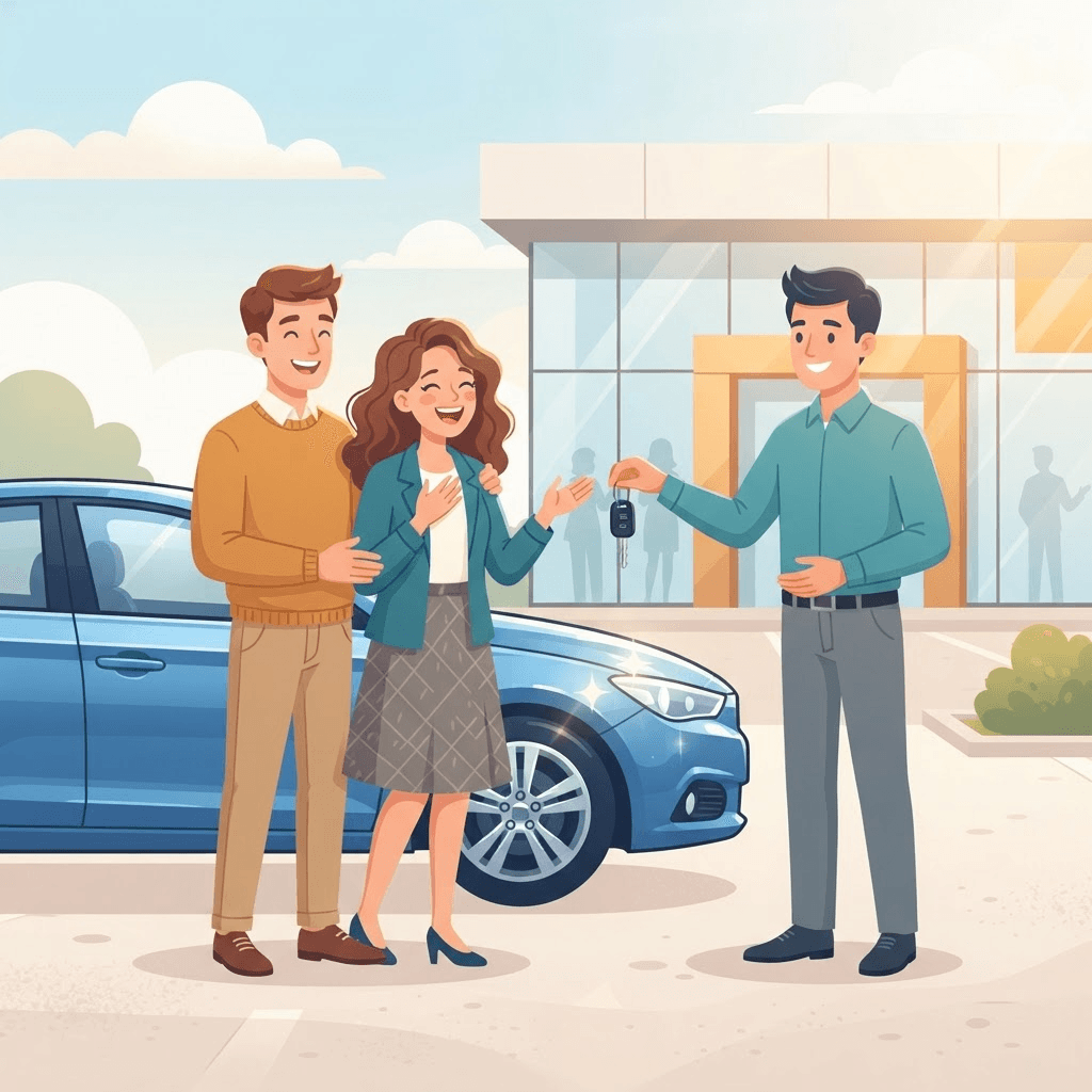 Illustration: Händler übergibt einem glücklichen Paar die Autoschlüssel