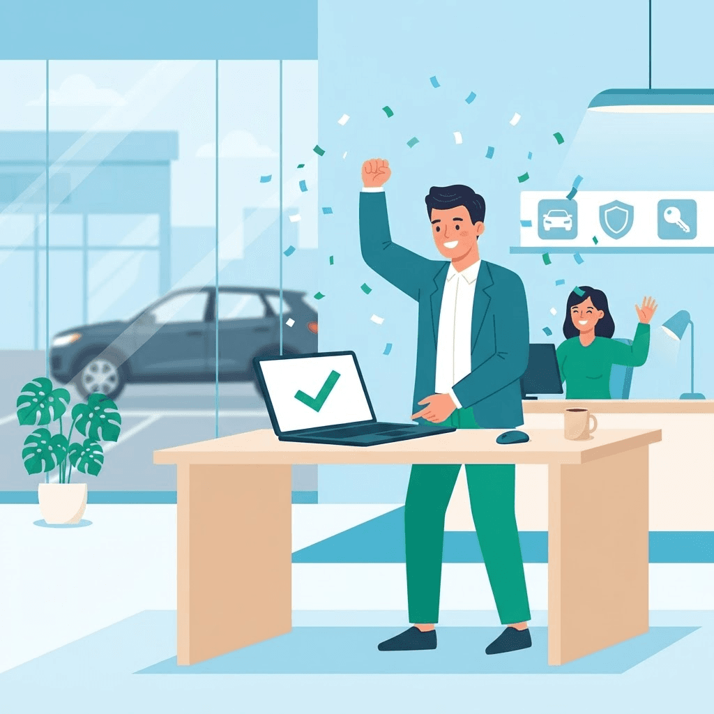 Illustration: Händler jubelt vor dem Laptop über eine Kreditzusage
